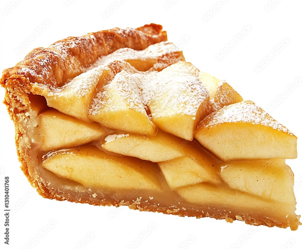 Poster delicious slice of apple pie topped with powdered sugar and showcasing perfectly baked apples : gene