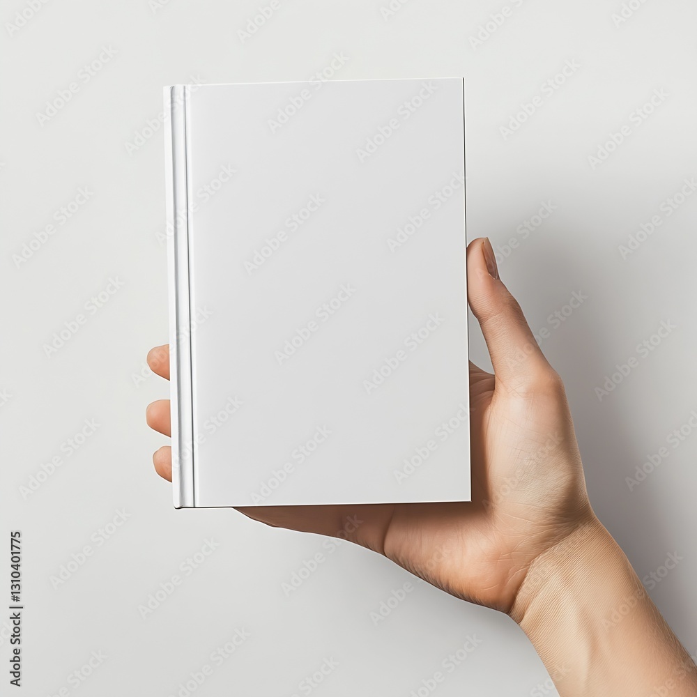 Poster human hand presenting a pristine white book with an elegant look for various creative applications :