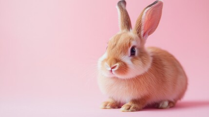 Obraz premium Photo of a little bunny, on a soft pink background Easter theme