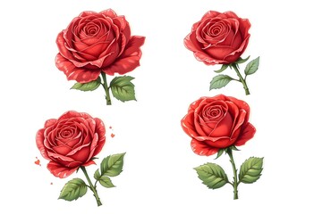 Fototapeta premium A set of different red roses, children's book illustration style, on a white background.