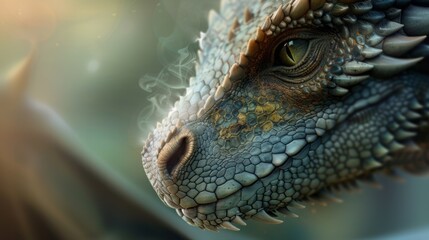 Fototapeta premium Realistic close-up of a dragon's face, intricate scale textures, small scars, misty breath in cold air,