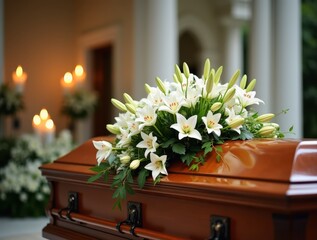 Wooden casket with white lilies in a serene funeral setting