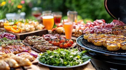 Obraz premium Outdoor BBQ feast with various foods