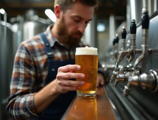 Brewer holding glass of beer, examining quality in microbrewery