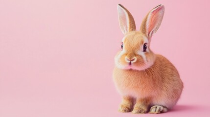 Obraz premium Photo of a little bunny, on a soft pink background Easter theme