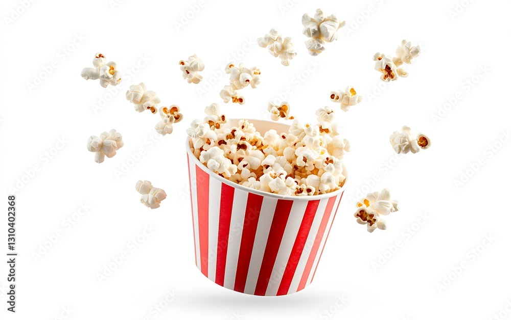 Poster classic red and white striped popcorn bucket overflowing with fresh popcorn : generative ai