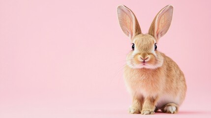 Obraz premium Photo of a little bunny, on a soft pink background Easter theme