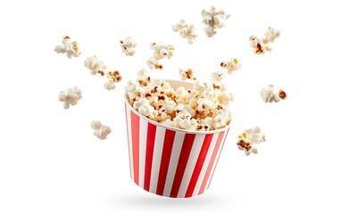 Classic red and white striped popcorn bucket overflowing with fresh popcorn : Generative AI