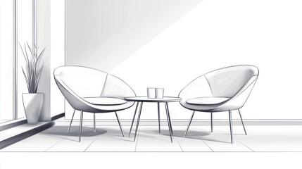 Interior sketch of a modern seating area with chairs and coffee table by a window.  Possible use  Architectural visualization, interior design concept