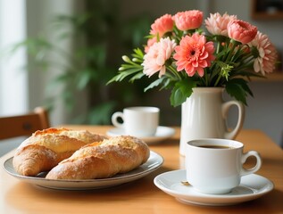 Cozy breakfast setting with fresh bread and coffee