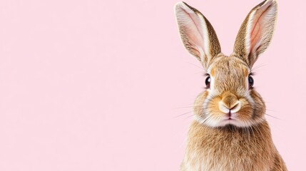 Obraz premium Photo of a little bunny, on a soft pink background Easter theme