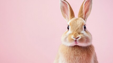 Obraz premium Photo of a little bunny, on a soft pink background Easter theme