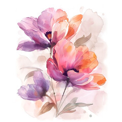 Colourful watercolor flowers bloom in delicate shades of pink, purple and orange against a soft pastel background.