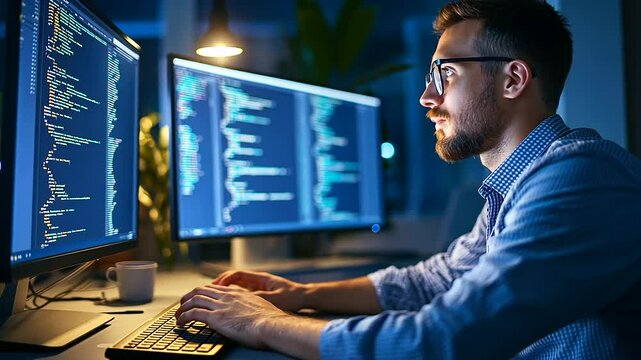 Skilled male IT programmer developing software and managing databases.