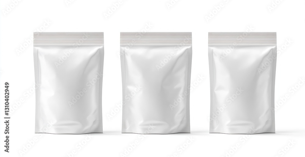 Poster three sleek white bags arranged neatly for product packaging showcasing versatility and minimalist d