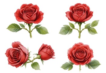 A set of different red roses, children's book illustration style, on a white background.