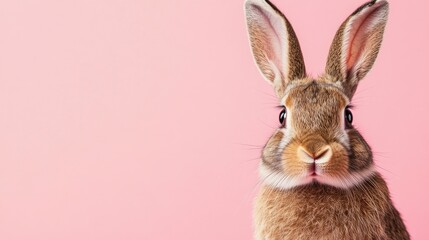 Obraz premium Photo of a little bunny, on a soft pink background Easter theme