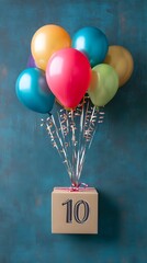 Colorful balloons soar above a festive box, celebrating a special milestone in a vibrant setting