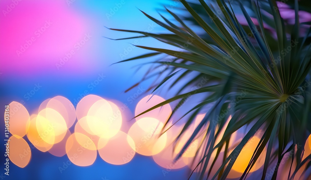 Poster CloseUp of a Palm Leaf with Blurred Background Lights Creating a Calm Atmosphere : Generative AI