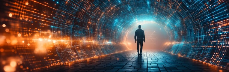 Obraz premium Man Walking Through a Time Portal with Glowing Clock