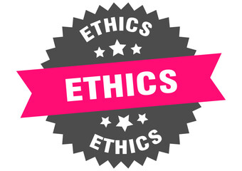 ethics. ethics round pink label isolated on transparent background