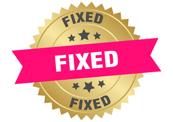 fixed. fixed round pink and gold label isolated on transparent background