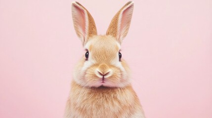 Obraz premium Photo of a little bunny, on a soft pink background Easter theme