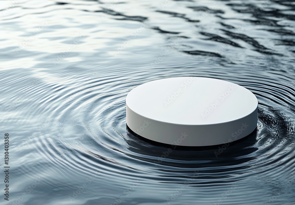 Poster Striking visual of a round white platform floating on water ripples creating a serene ambiance : Generative AI