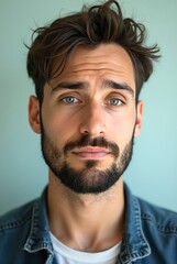 Fototapeta premium Portrait of tired man showing exhaustion and sleepiness on light background