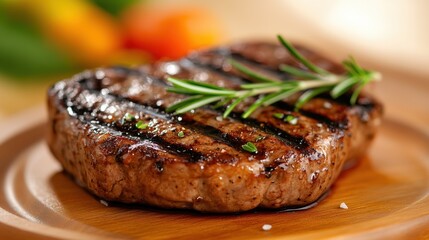 Grilled steak topped with fresh rosemary on a rustic wooden plate