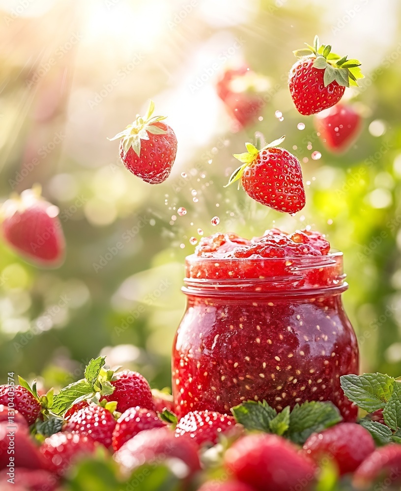Poster fresh strawberries falling into a jar of strawberry jam surrounded by more strawberries : generative