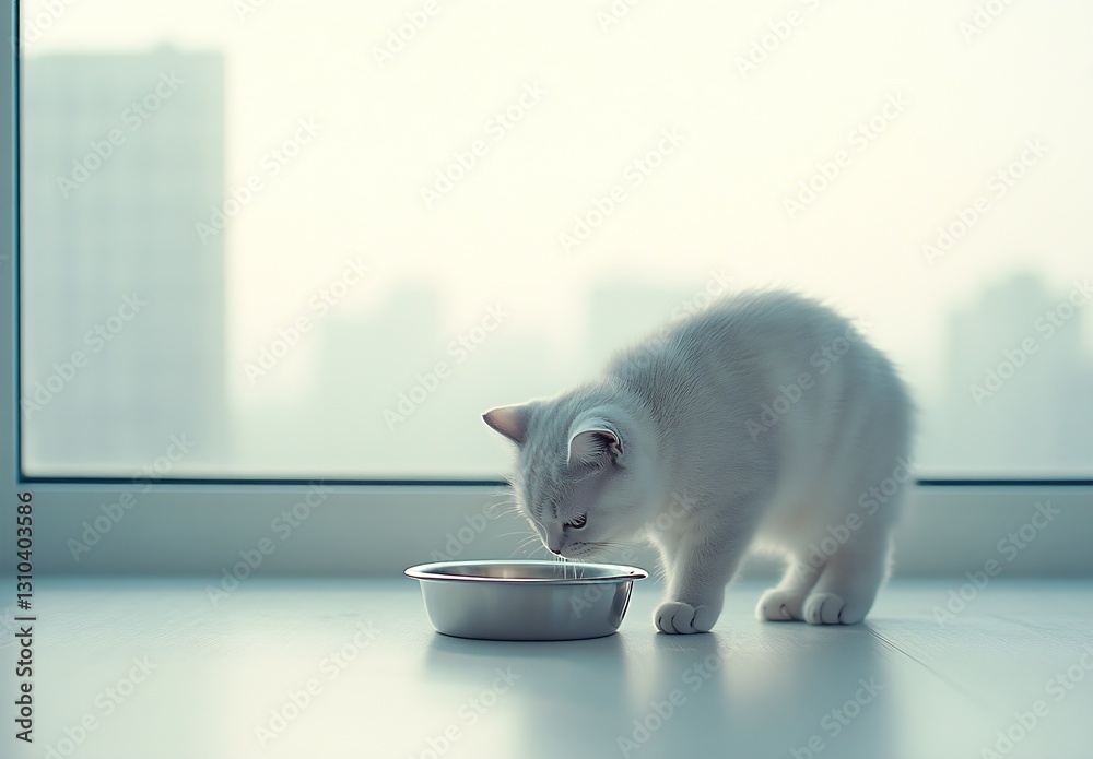 Aufkleber cute fluffy white cat drinking from a shiny bowl in natural light setting by a window : generative a