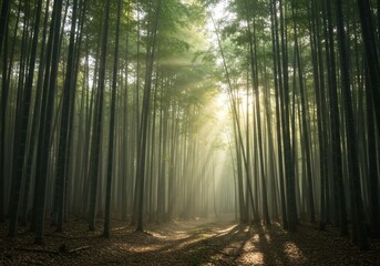 Obraz premium Misty bamboo forest with soft sunlight filtering through the tall stalks