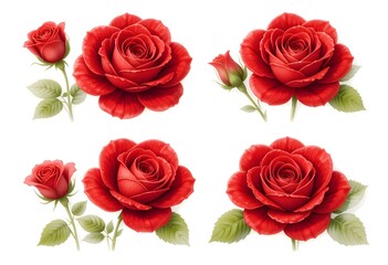 A set of different red roses, children's book illustration style, on a white background.