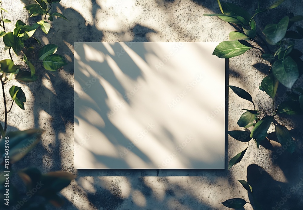 Poster empty canvas on textured wall framed by lush green plants and dramatic shadows : generative ai