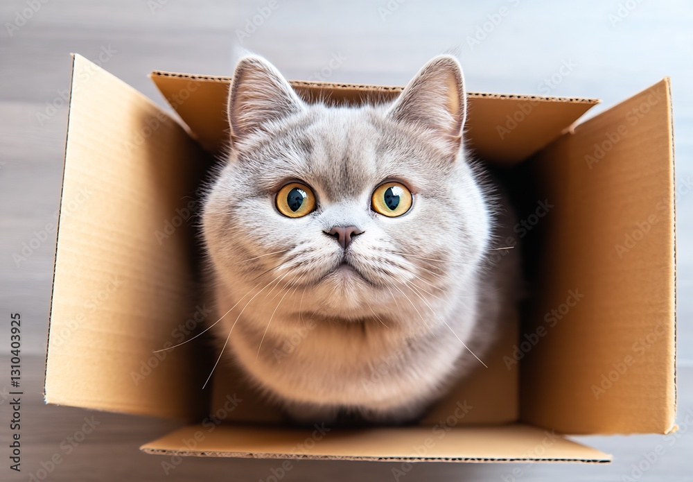 Poster charming fluffy gray cat with big yellow eyes sitting in a cardboard box looking curious : generativ