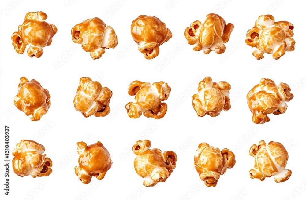 Poster delicious caramel popcorn popped treats arranged in a grid on white background : generative ai