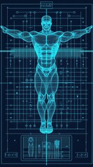 Medical study scan of the human body to show the anatomy of the muscular system on a grid