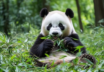 Fototapeta premium Cute panda sitting amidst lush green bamboo foliage enjoying a peaceful meal in a natural forest environment : Generative AI