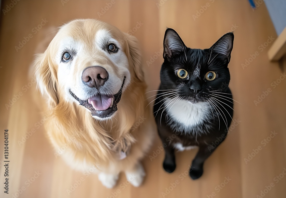 Aufkleber Happy golden retriever and curious black cat posing together with joyful expressions indoors : Generative AI