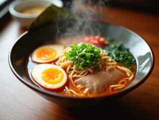 Steaming bowl of ramen with eggs, meat and spring onions