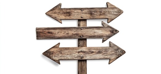 Set of three wooden directional arrows on a rustic post indicating various paths to follow : Generative AI