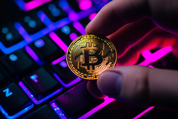 Hand hält Bitcoin-Münze über farbiger Tastatur in digitalem Kontext

