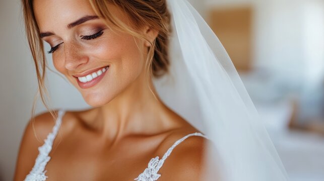 Dreamy bride radiates joy while resting on her wedding day
