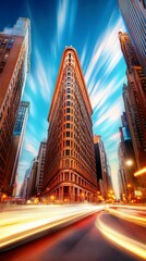 Fototapeta premium Brown Skyscraper at Dusk with City Lights and Light Trails