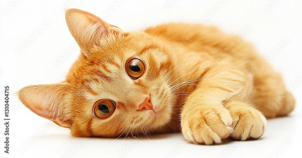 Poster Cute ginger cat lying on a soft surface with big expressive eyes looking at the camera : Generative AI