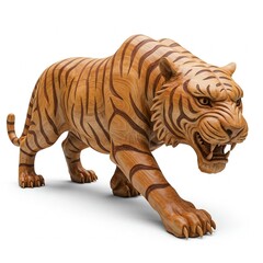 Fototapeta premium 3d wooden tiger statue with striped pattern roaring on white background