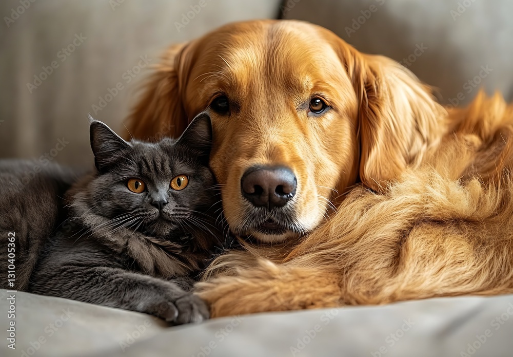 Poster charming golden retriever snuggling with beautiful grey cat on a soft couch : generative ai