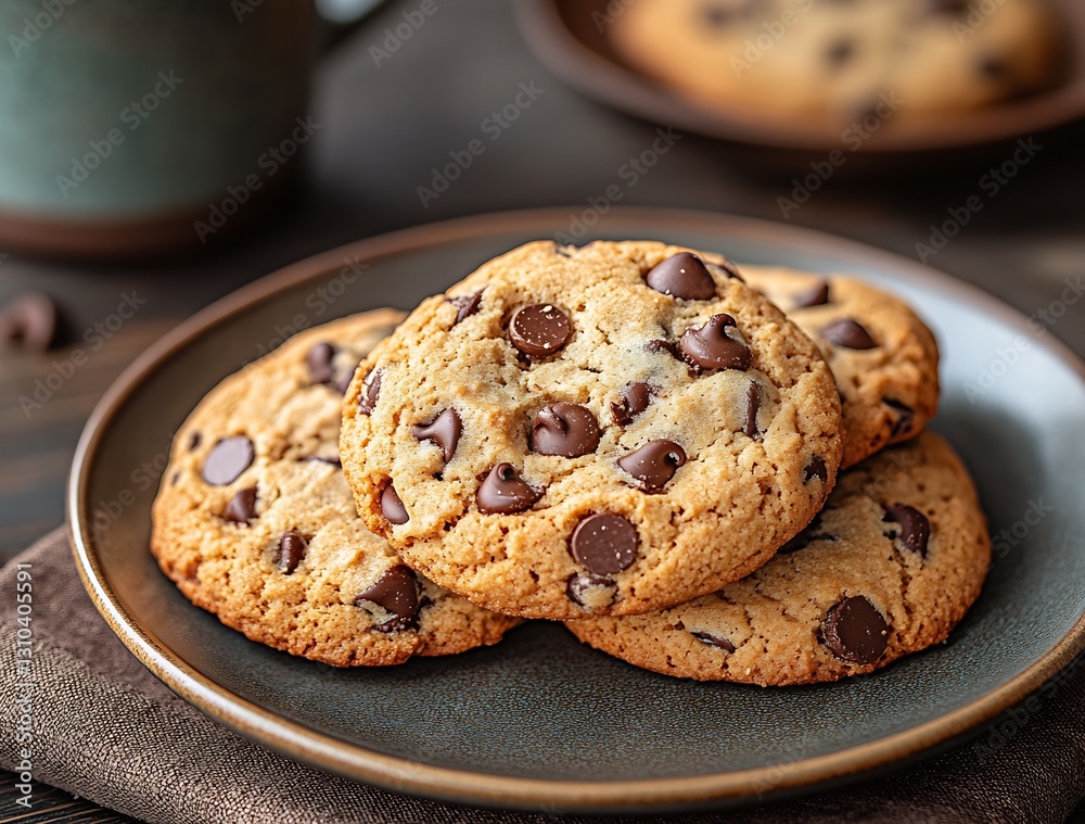 Poster freshly baked chocolate chip cookies arranged beautifully on a rustic wooden table : generative ai