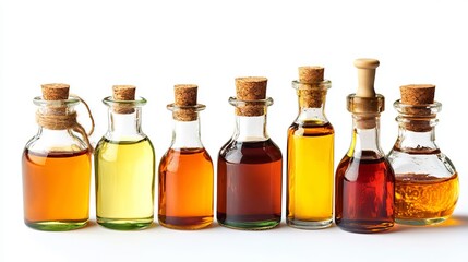 Collection of Various Cooking Oils in Glass Bottles with Cork Stoppers Natural Light Studio Shot High Quality Image Perfect for Food Blog Culinary    